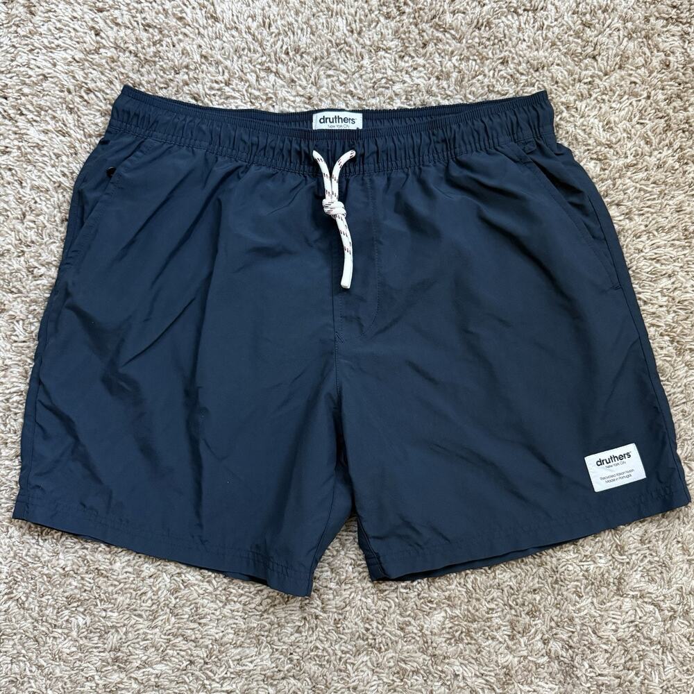 $160 Druthers New York Italian Nylon Swim Trunks Navy Blue 5” Inseam Mens Size M